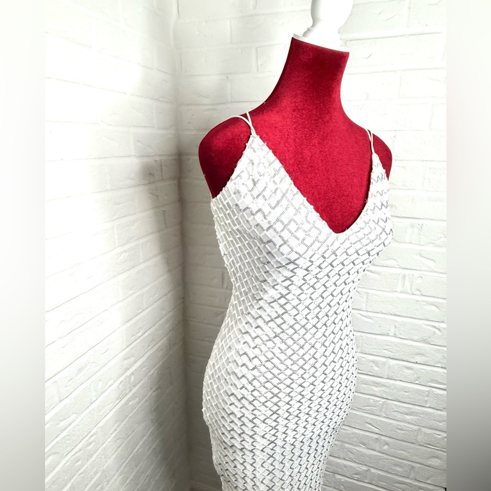 Windsor White Sequin Bodycon Mini Dress XS Cross Back Spaghetti Strap Party